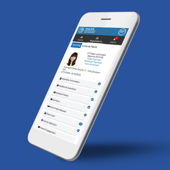 A mobile phone displaying a sample camper profile on CIRCUITREE’s camp management software.